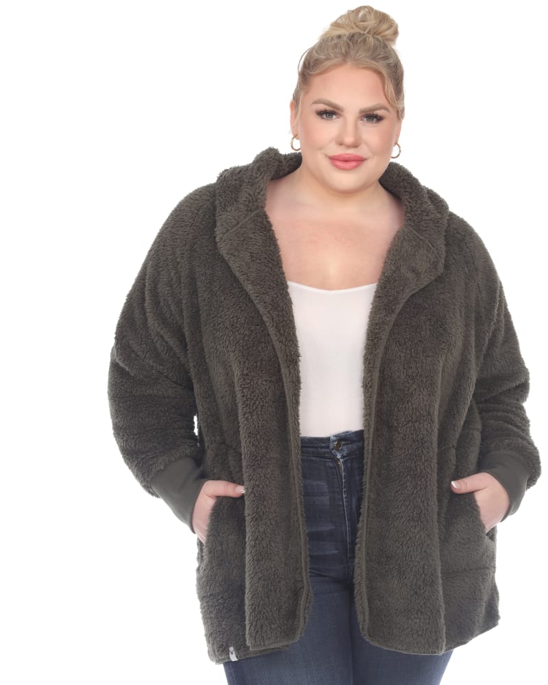 Front of a model wearing a size 3X/4X Plush Hooded Cardigan with Pockets in Army Green by White Mark. | dia_product_style_image_id:246872